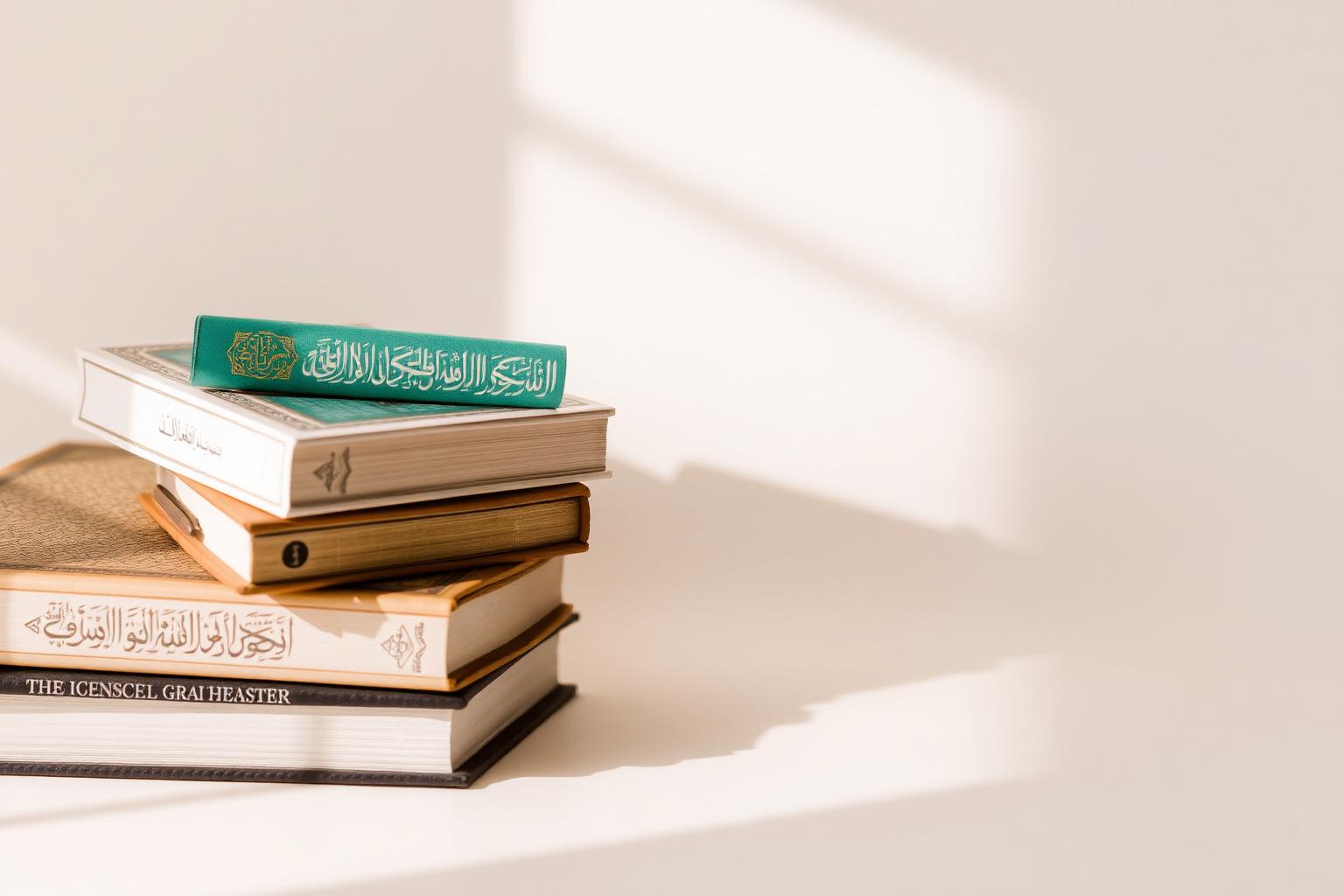 Livres de science islamique empilés dont un Coran vert avec calligraphie arabe